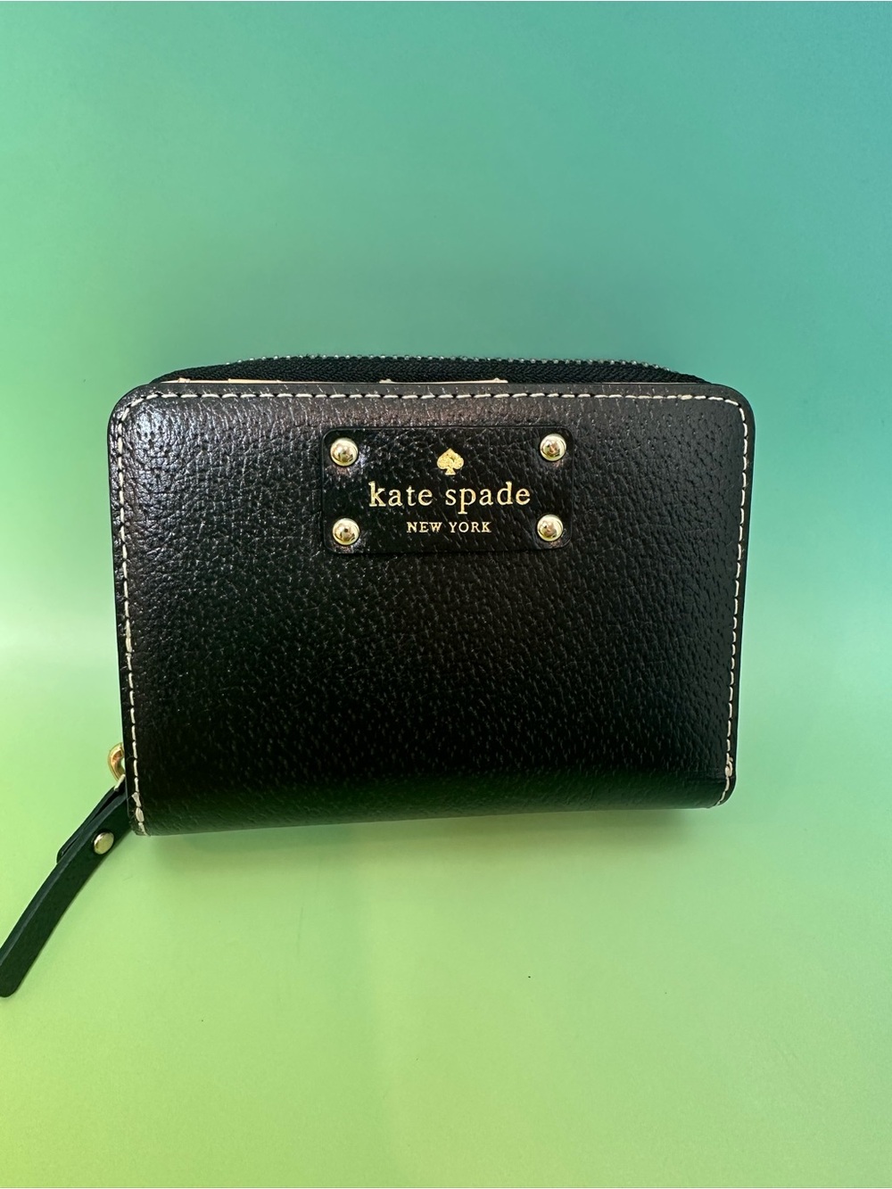 kate spade Black Pebbled Leather Zip Wallet with Gold Logo—-brand new